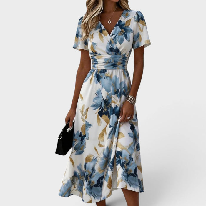 Elara floral wrap midi dress front view