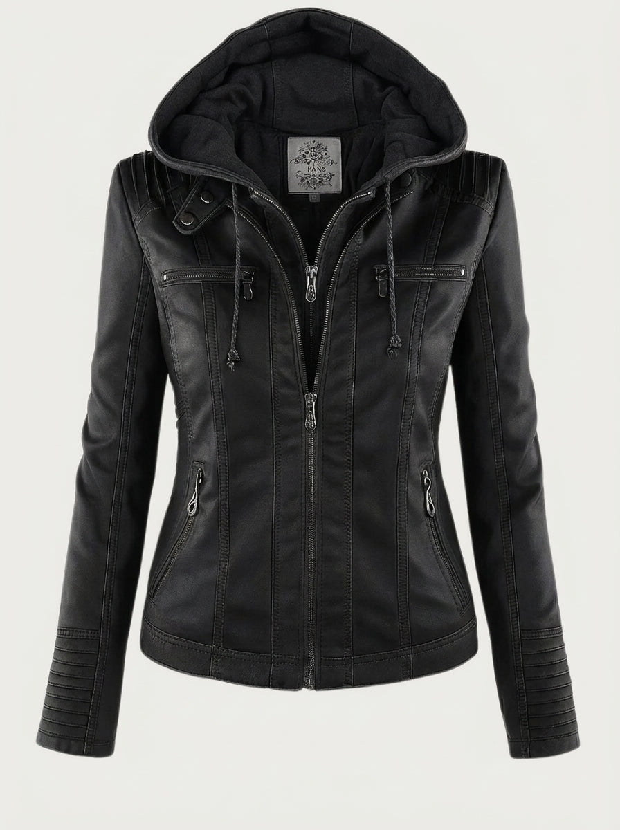 Eilidh faux leather hooded biker jacket in black, front view