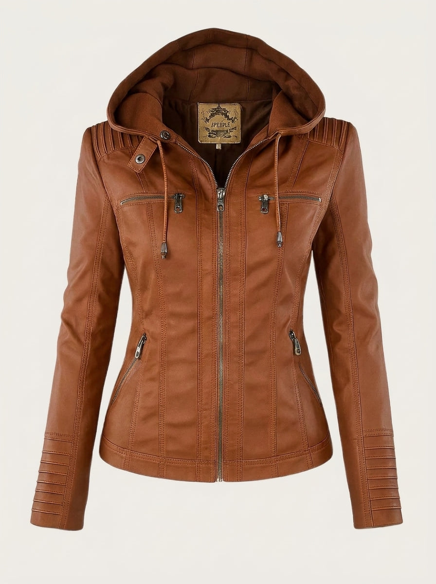 Marsali faux leather hooded biker jacket in light brown, front view