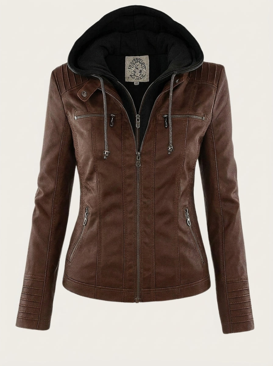 Marsali faux leather hooded biker jacket in dark brown, front view