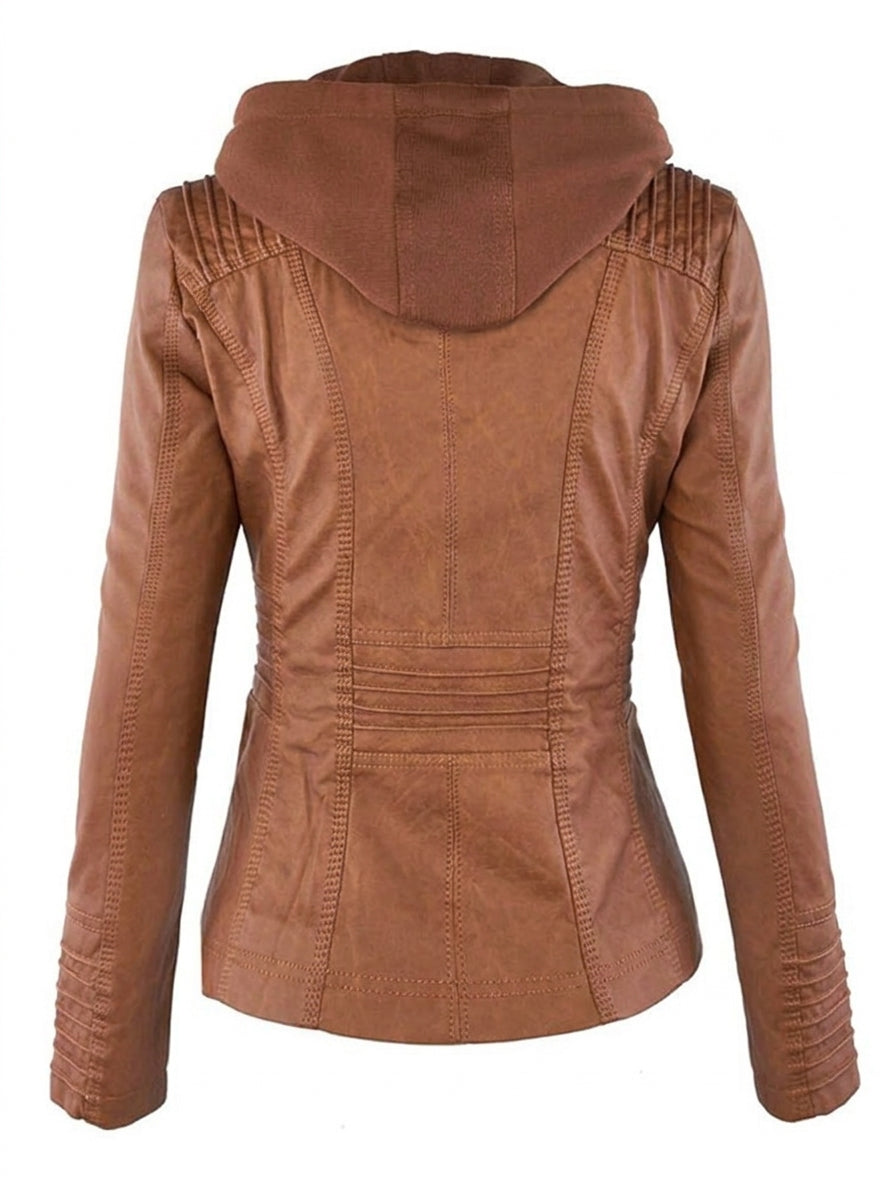 Marsali faux leather hooded biker jacket in light brown, back view
