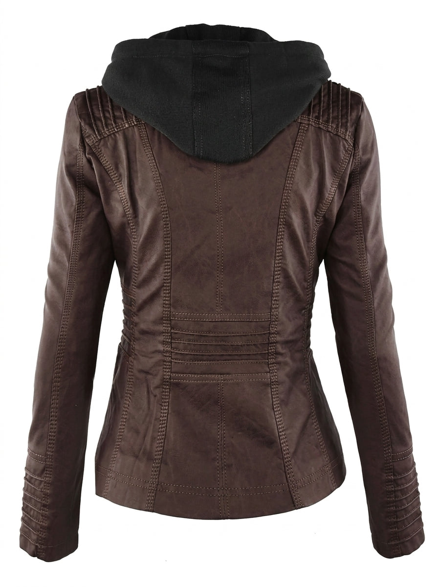 Lilias faux leather hooded biker jacket in dark brown, back view