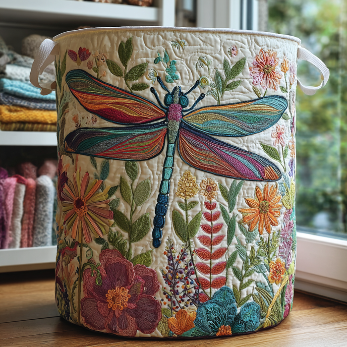 Iris hand-quilted laundry basket with dragonfly and garden flower design