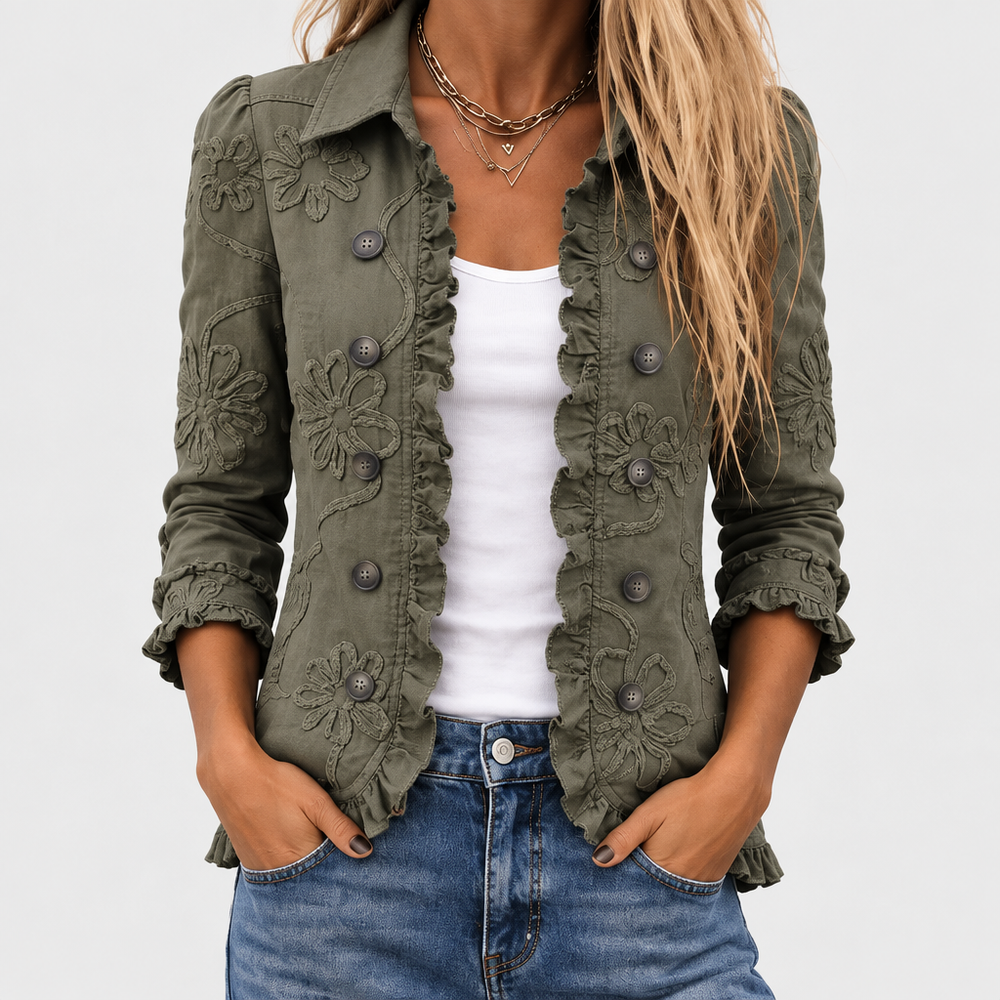 Kerenza floral embroidered ruffle jacket in olive green, front close-up