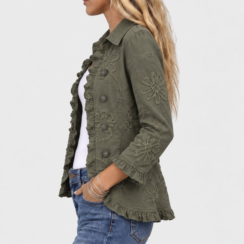Kerenza floral embroidered ruffle jacket in olive green, side view