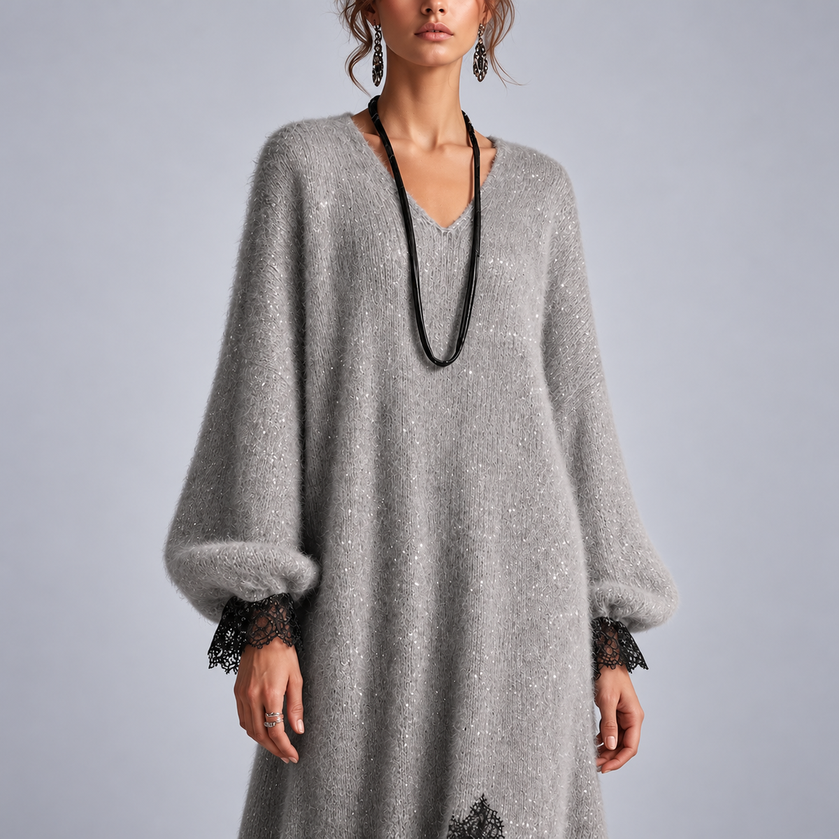 Glynis sparkle knit midi dress in grey, close-up of sparkle knit