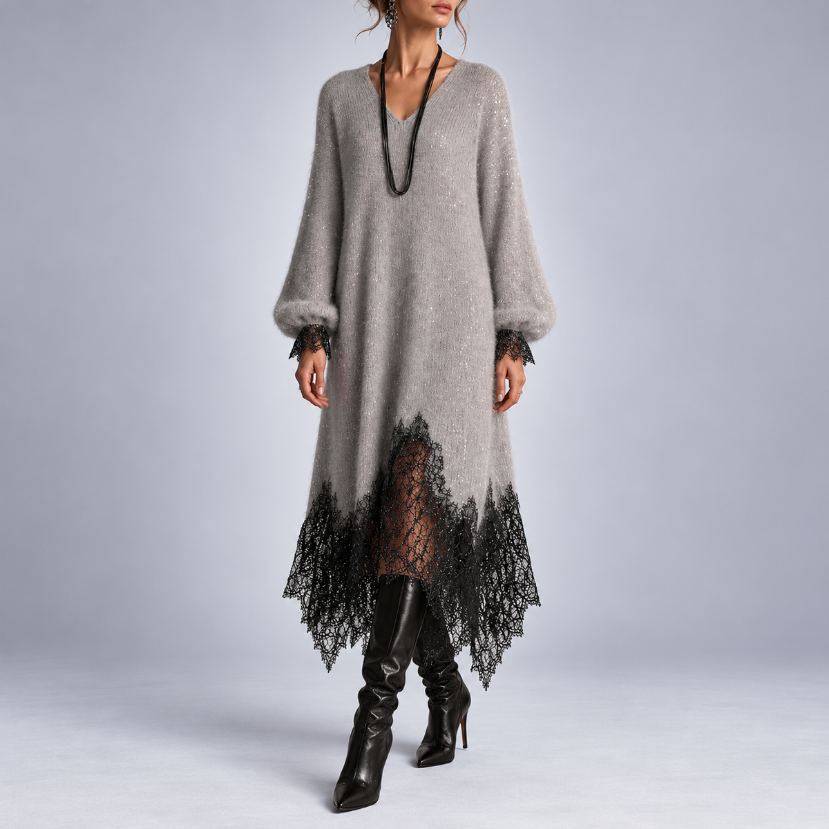 Glynis sparkle knit midi dress in grey, full-length view