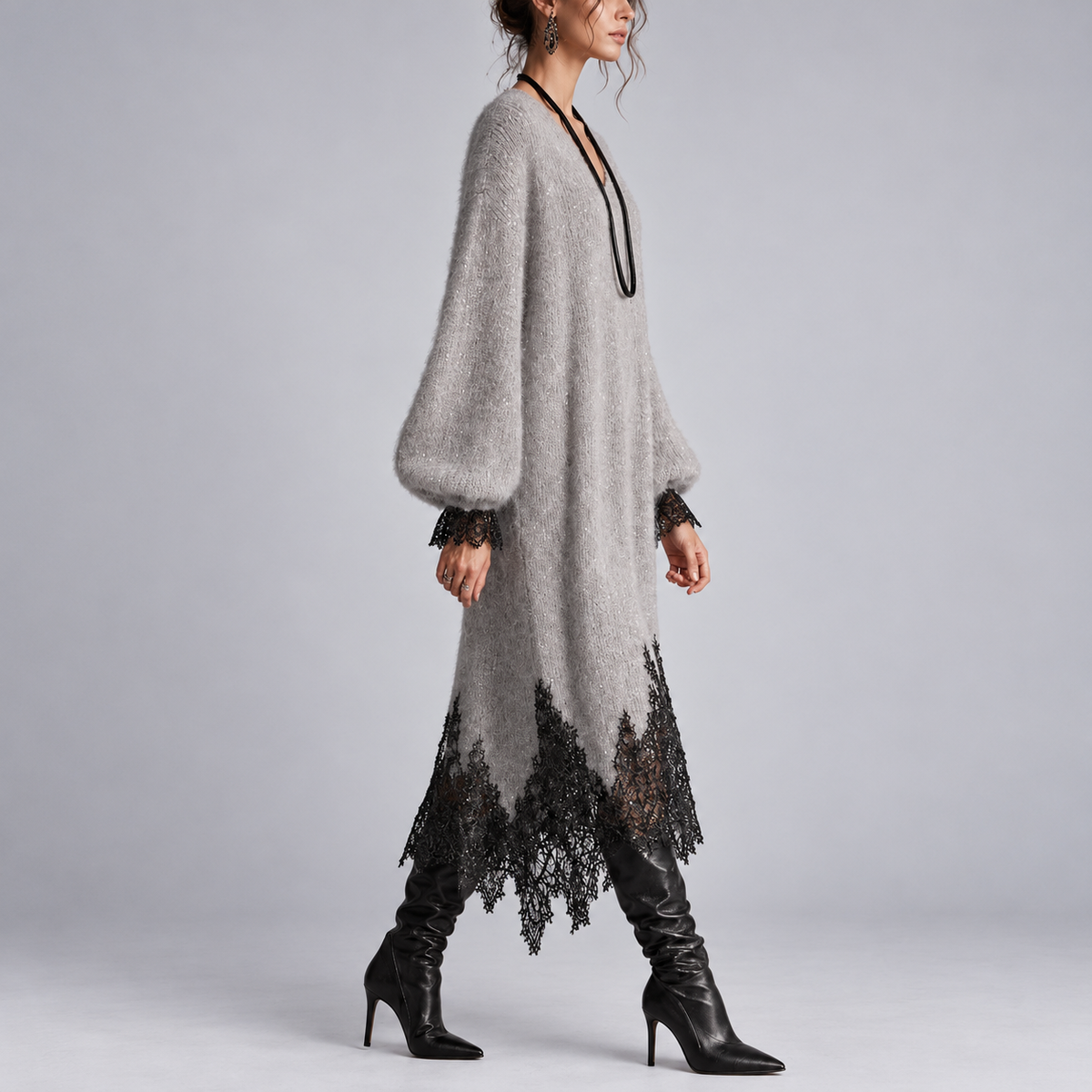 Glynis sparkle knit midi dress in grey, side view