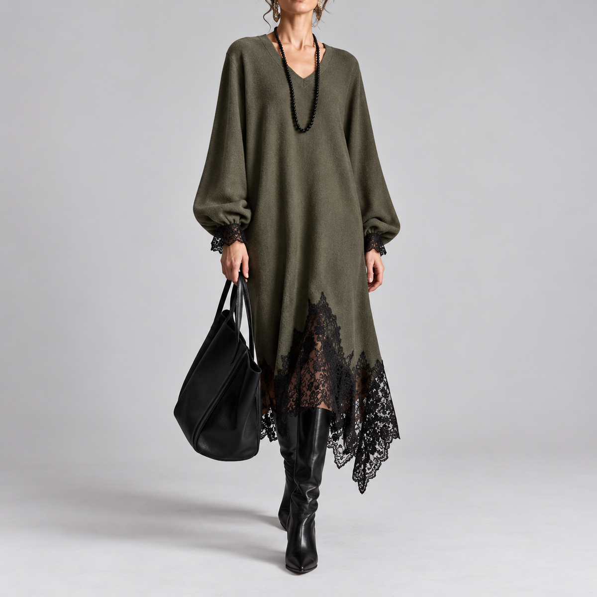 Glynis sparkle knit midi dress in olive, front view