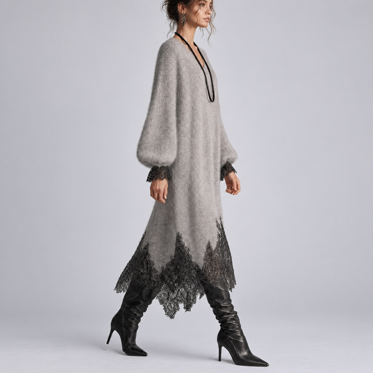 Glynis sparkle knit midi dress in grey, walking side view