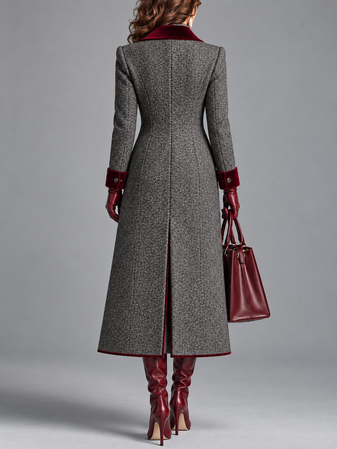 Demelza herringbone wool long coat with velvet trim, view 6