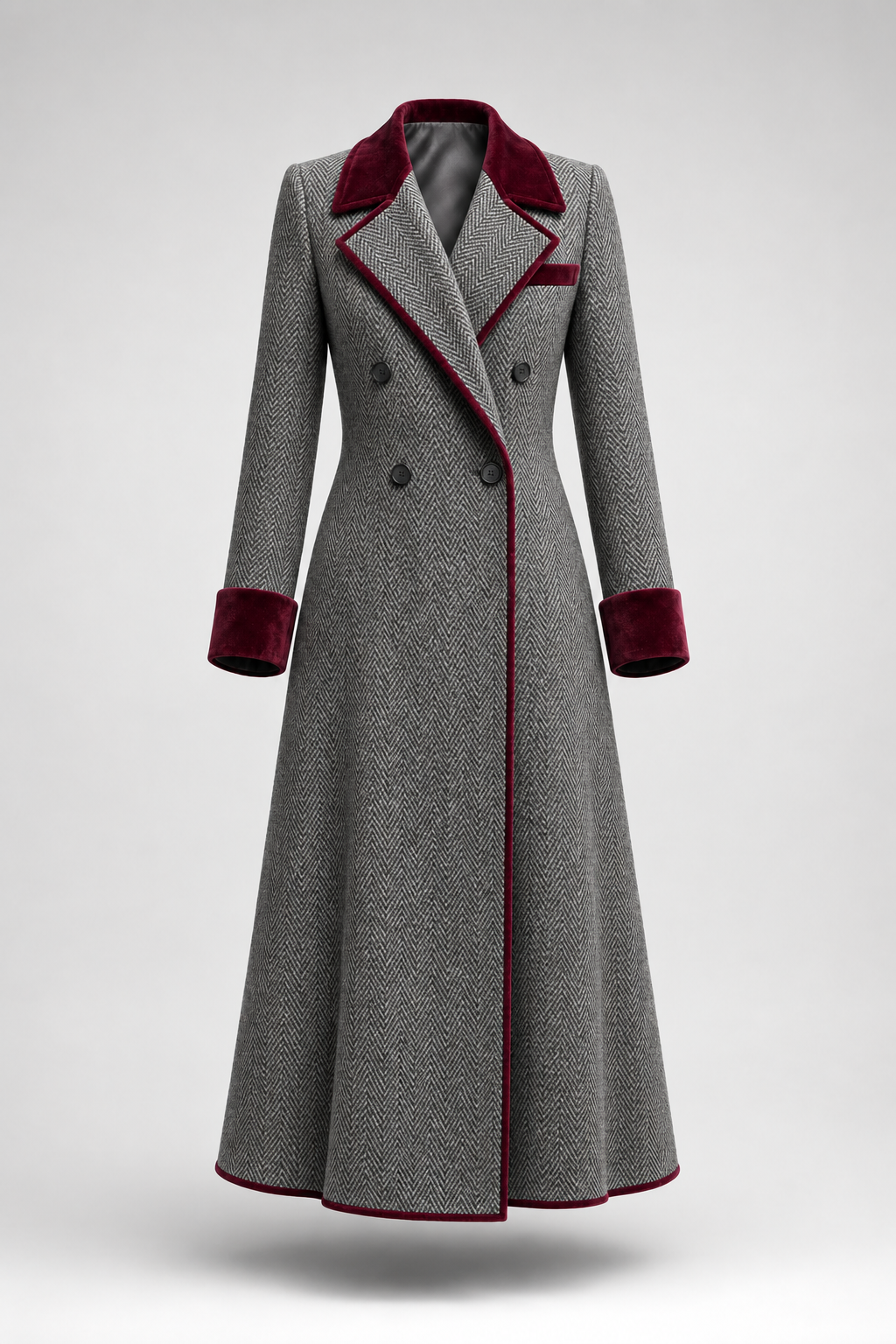 Demelza herringbone wool long coat with velvet trim, view 7