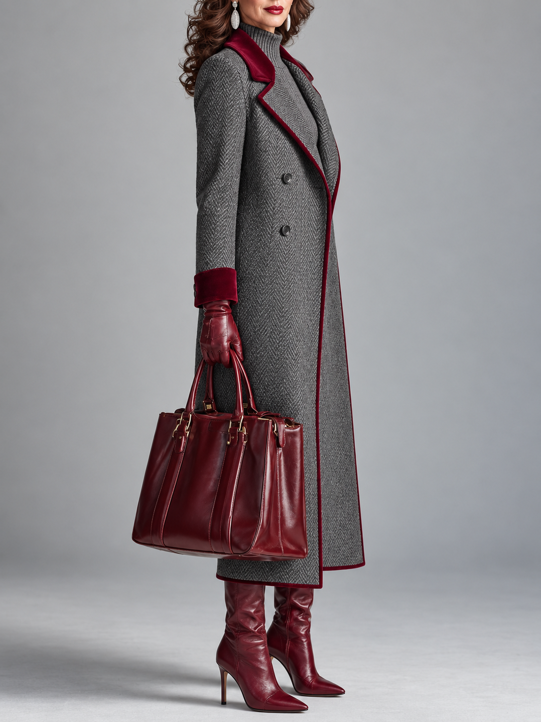 Demelza herringbone wool long coat with velvet trim, view 3
