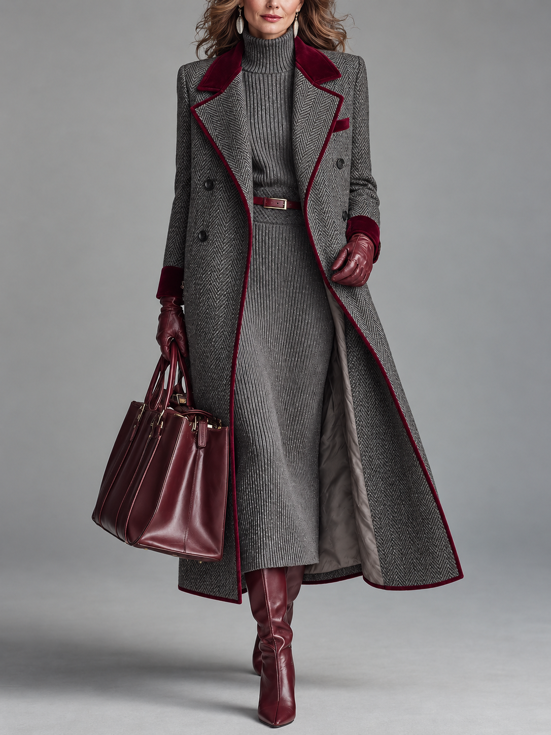 Demelza herringbone wool long coat with velvet trim front view