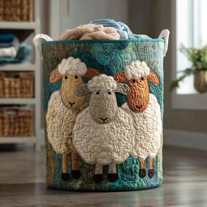 Bella hand-quilted laundry basket with sheep design in teal and cream