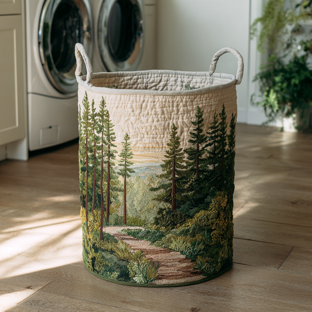 Elisa hand-quilted laundry basket with Forest Path design, a path through pine trees, front view