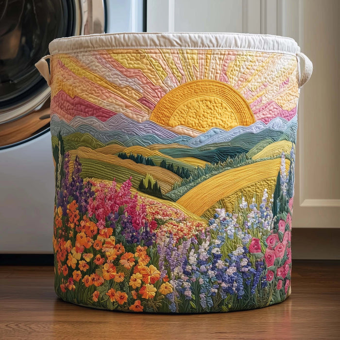 Vittoria hand-quilted laundry basket with sunrise and wildflower meadow print