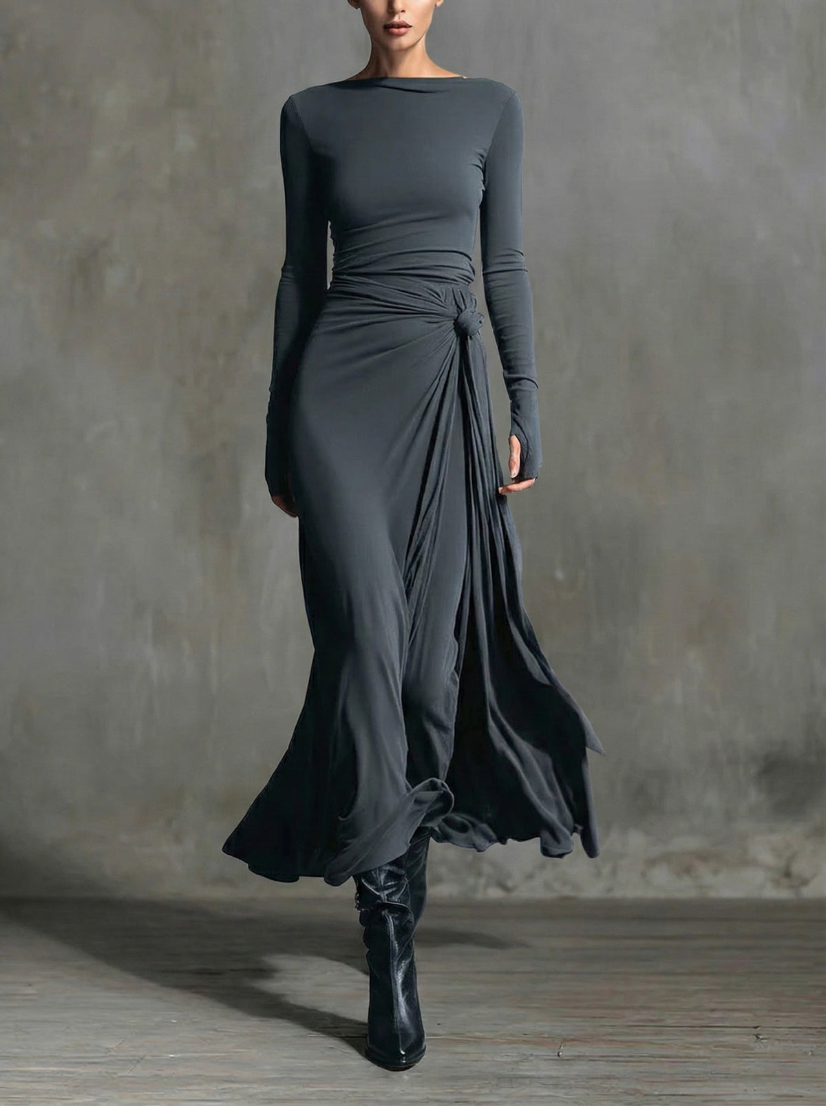 Gilly maxi dress with side knot in grey, front view