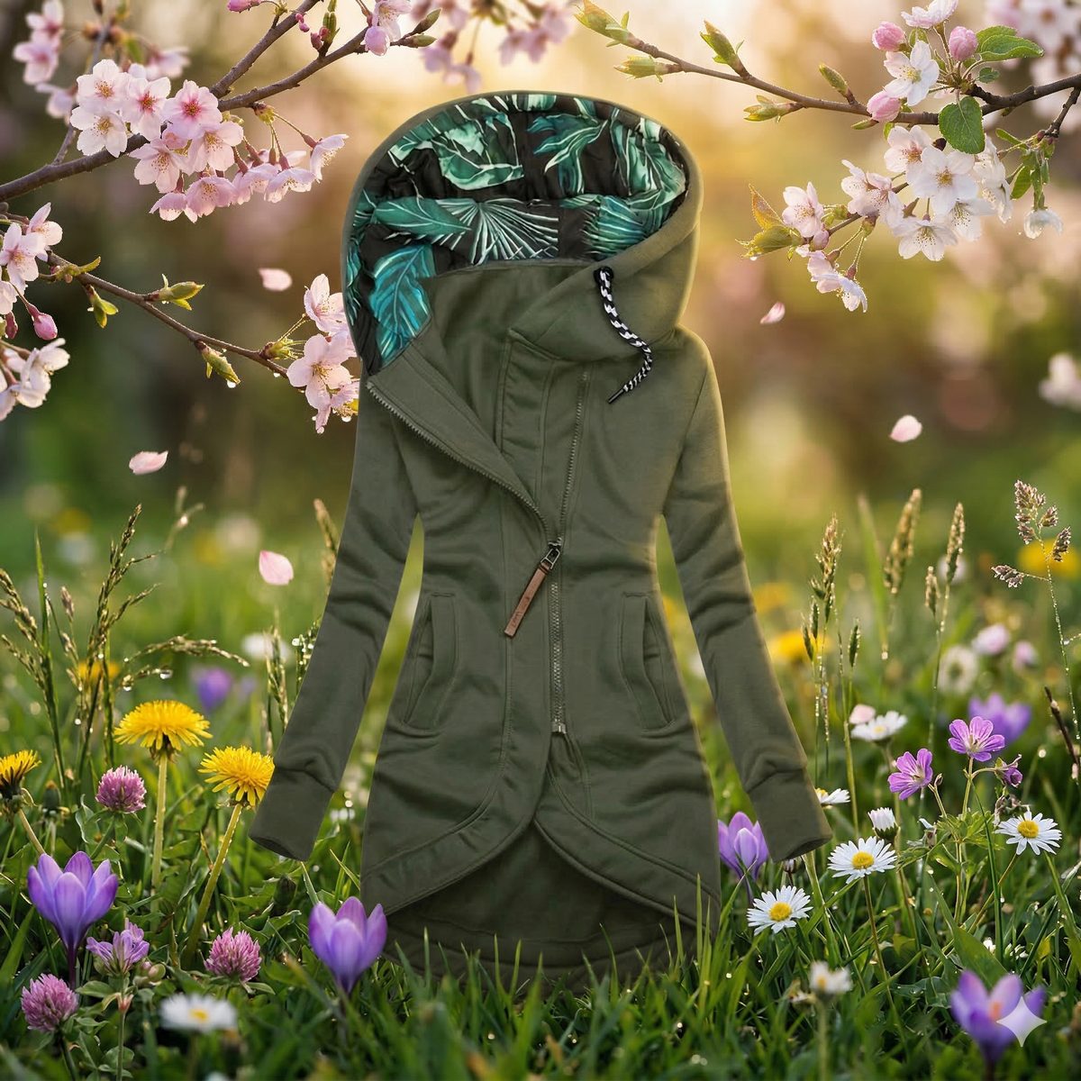 Letitia warm hooded jacket in olive green, front view with leaf-print hood