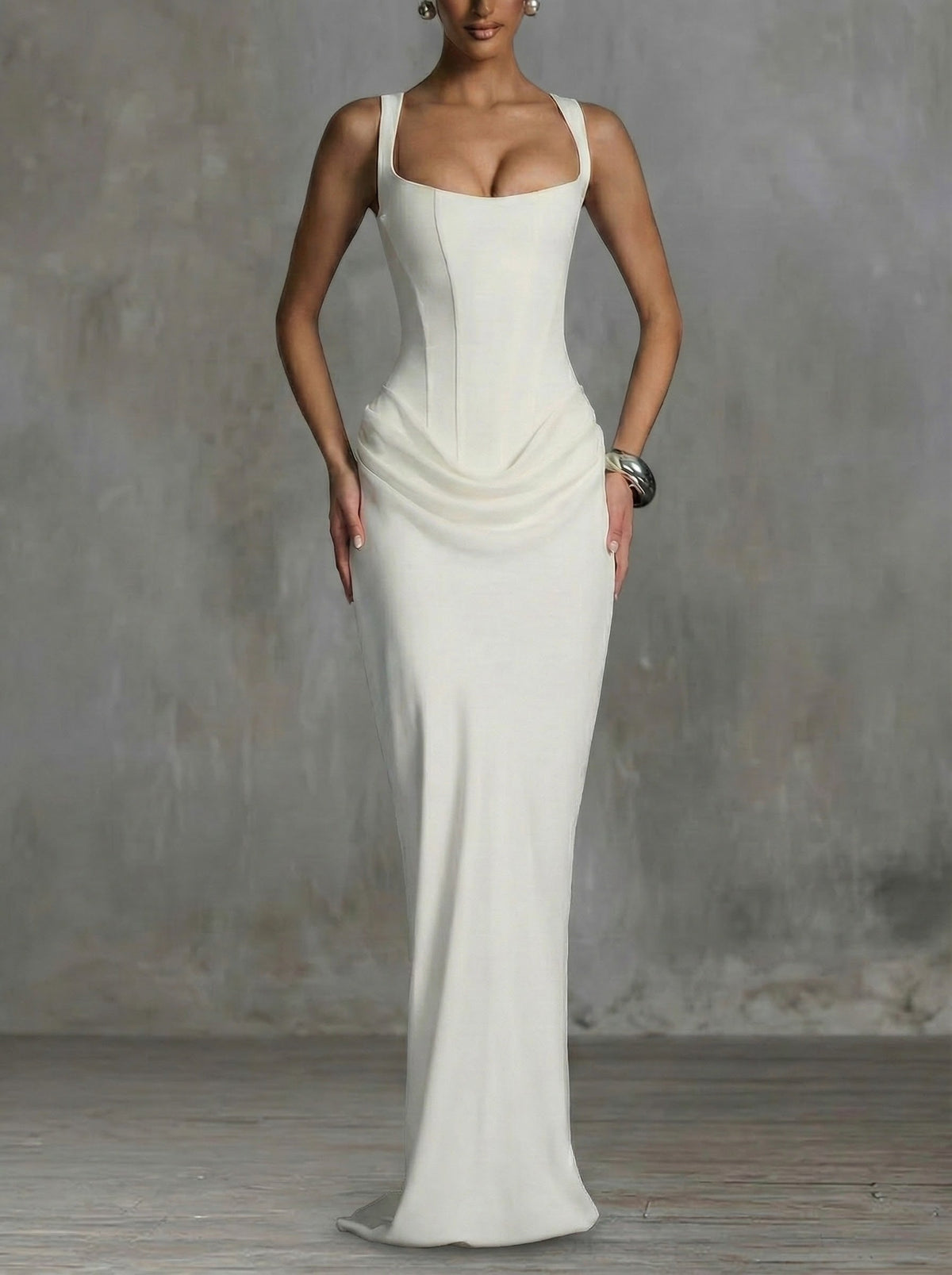Persis corset-style square-neck maxi dress in white, front view