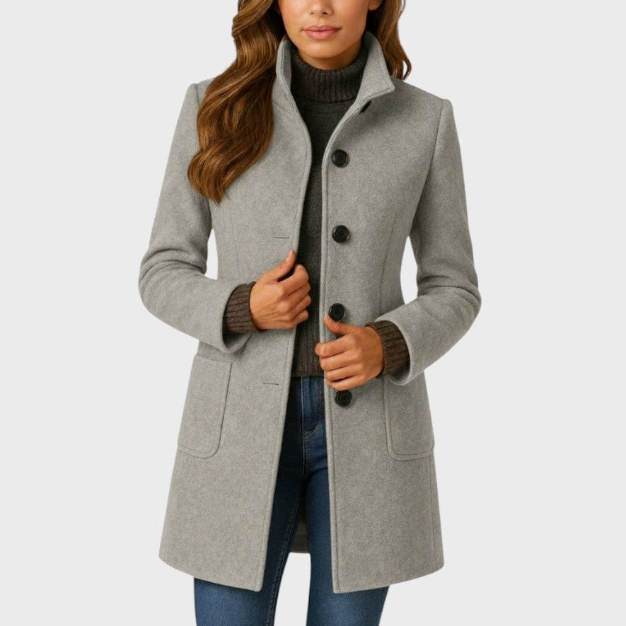 Annora stand-collar button coat in grey, front view