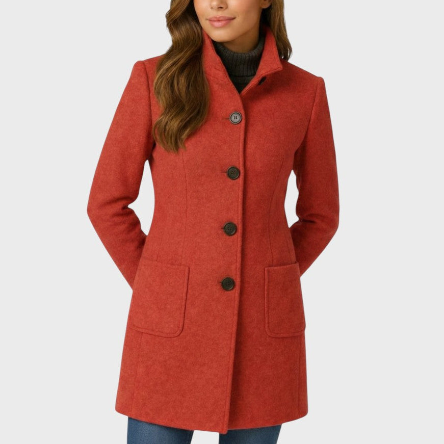 Annora stand-collar button coat in red, front view