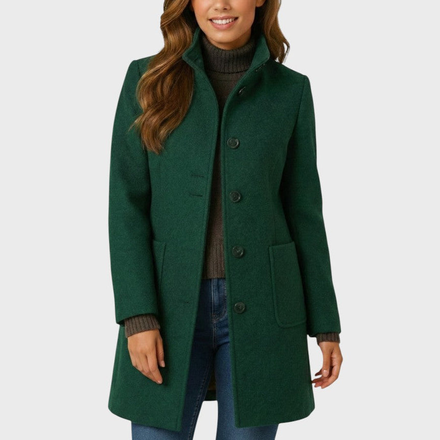 Annora stand-collar button coat in green, front view