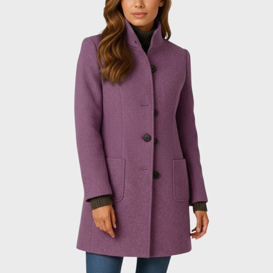 Annora stand-collar button coat in purple, front view