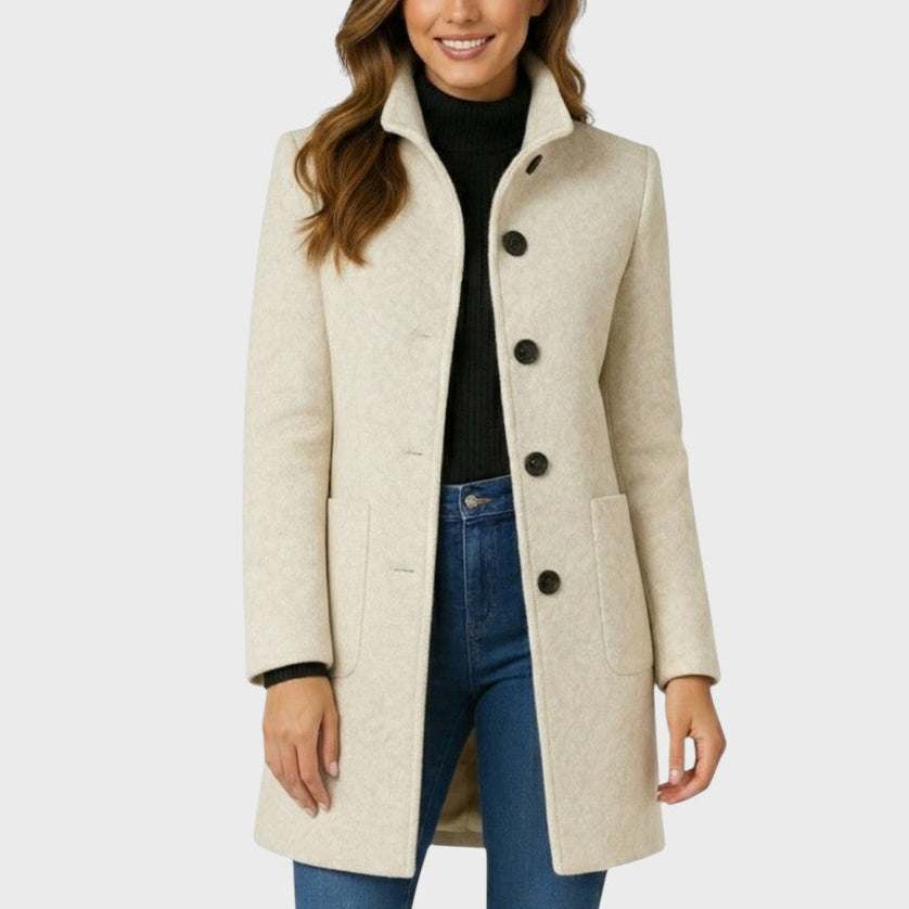 Annora stand-collar button coat in cream, front view