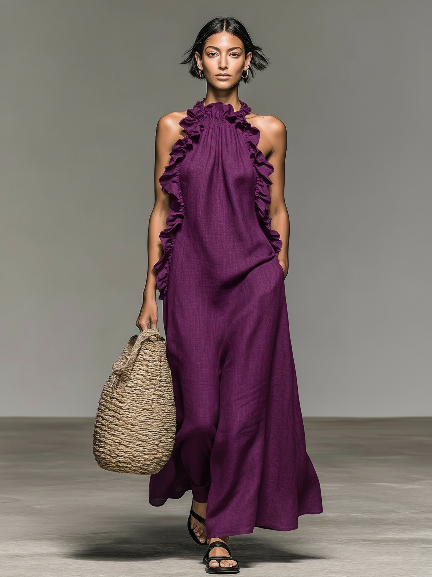 Gladys ruffle halterneck maxi dress with pockets, view 7