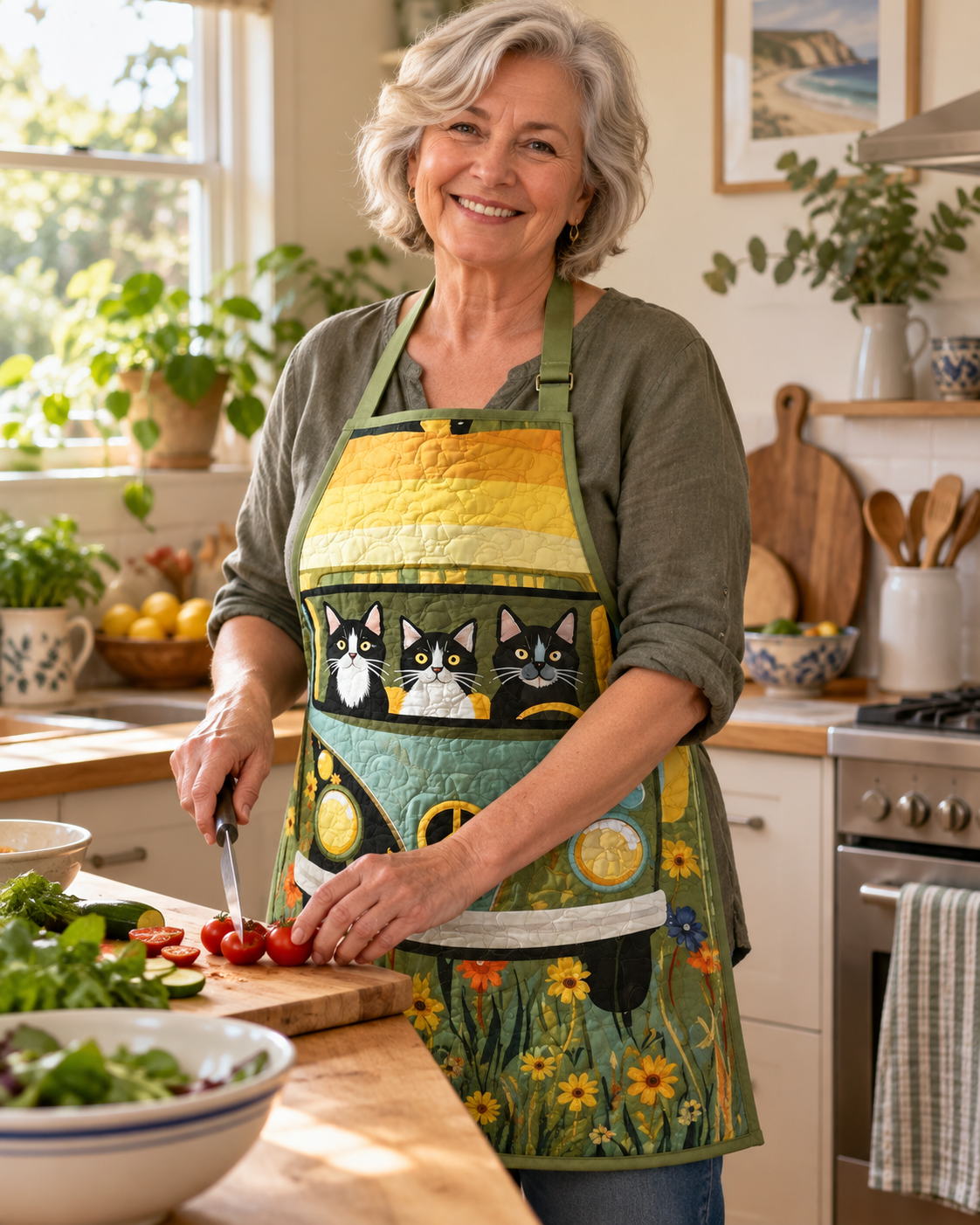 Kittie cats and camper quilted apron worn while cooking in a sunny kitchen
