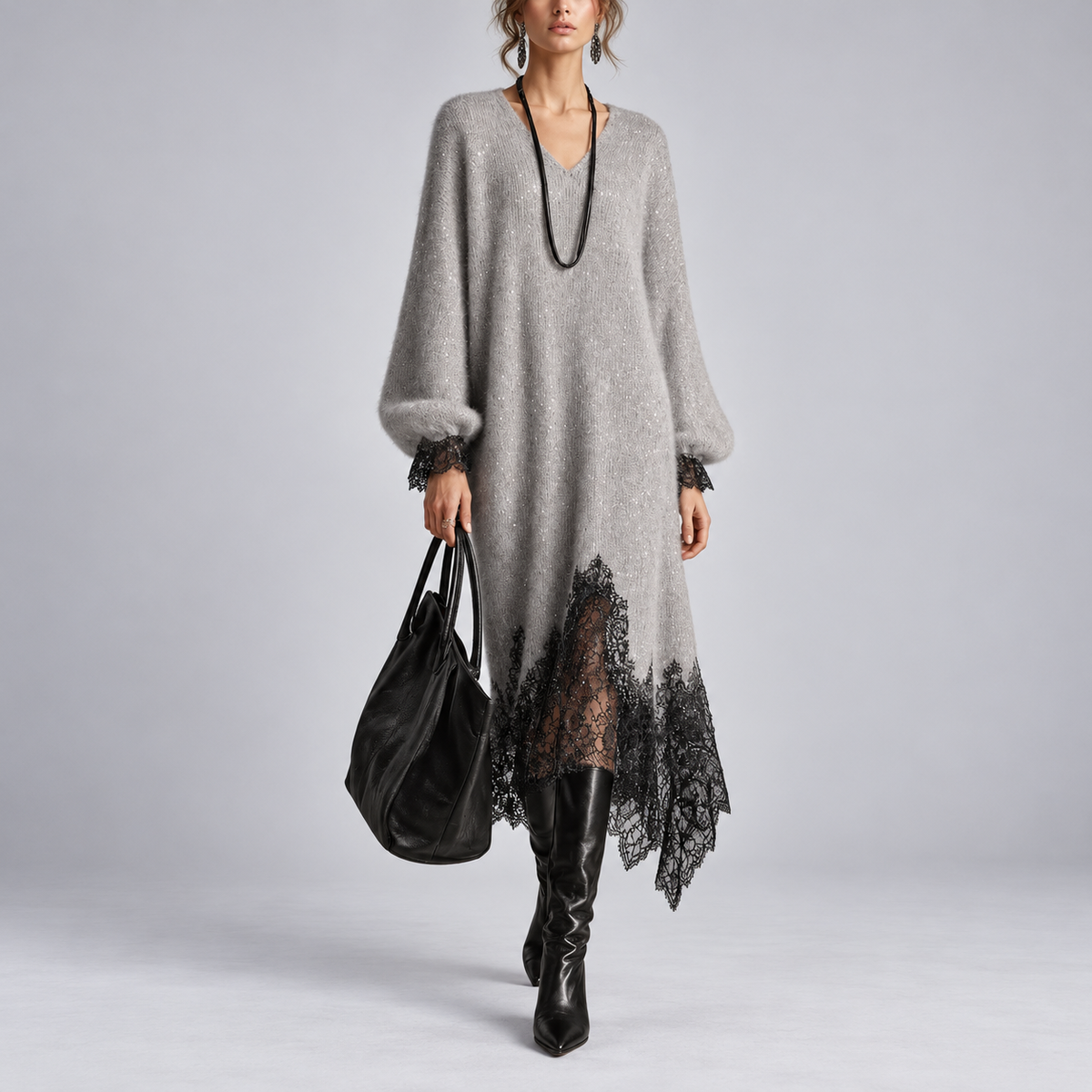 Glynis sparkle knit midi dress in grey, front view