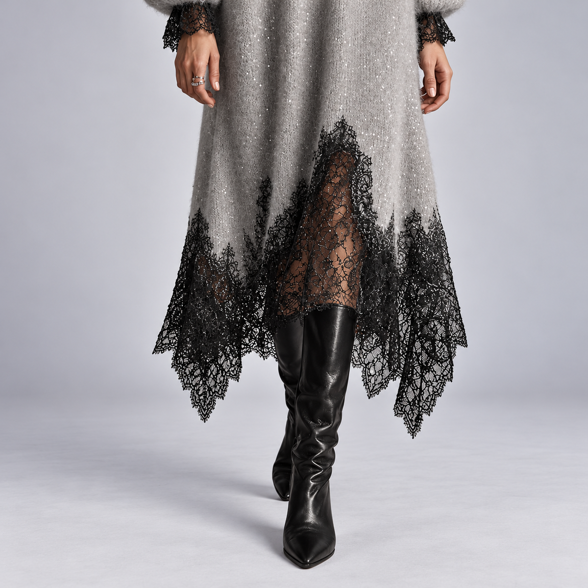 Glynis sparkle knit midi dress in grey, lace hem detail