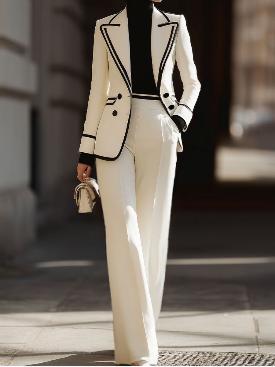 Rosamund trouser suit in ivory, walking view with contrast-piped blazer