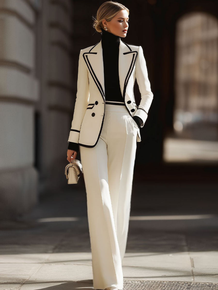 Rosamund trouser suit in ivory, full-length three-quarter view