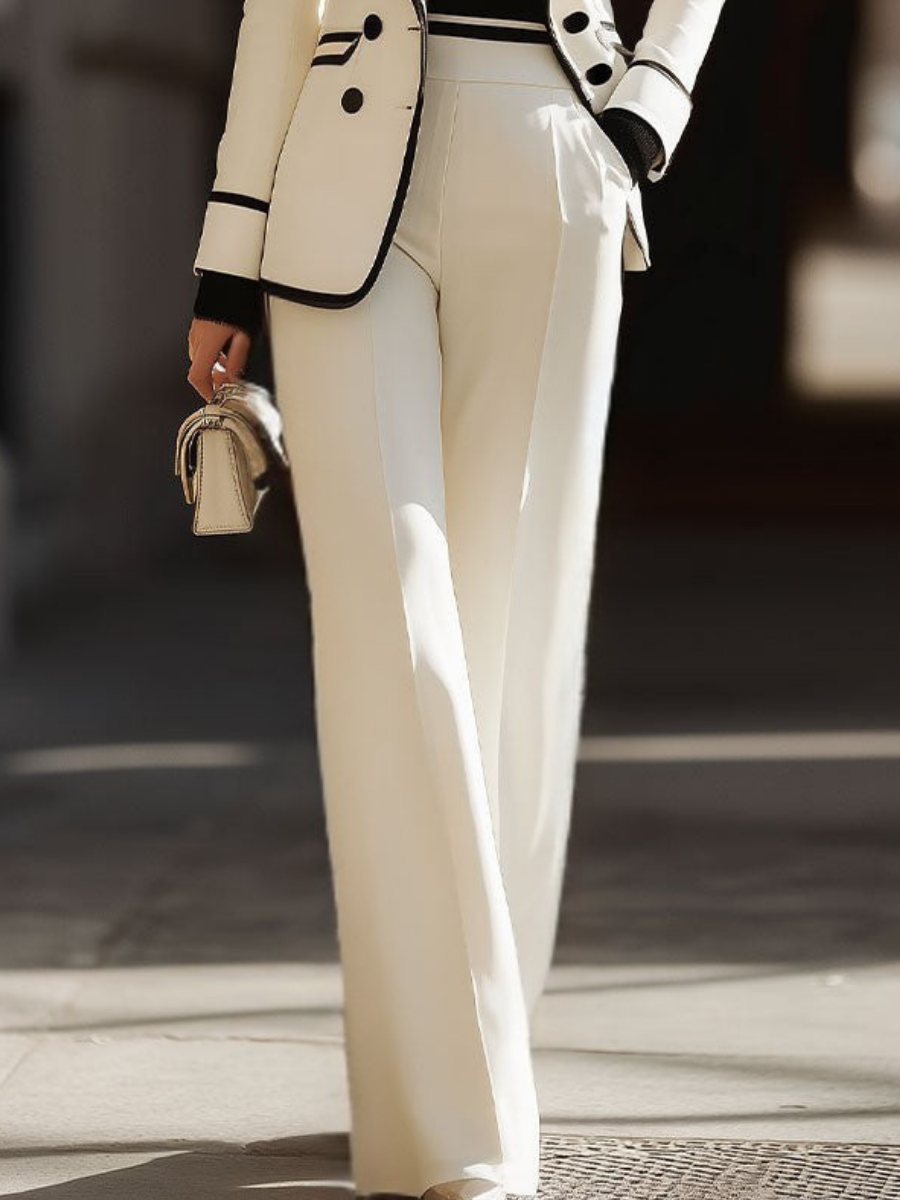 Rosamund trouser suit in ivory, close-up of straight wide-leg trousers