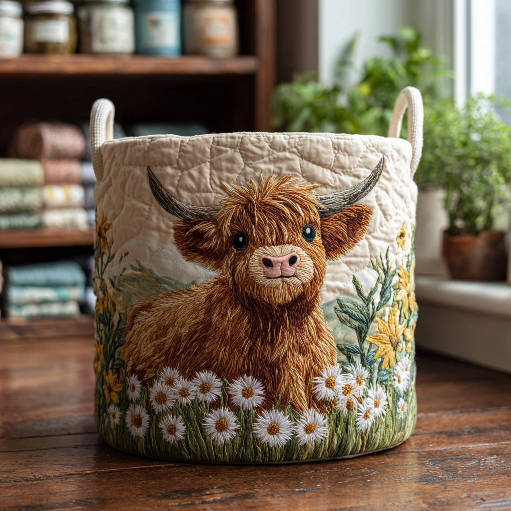 Benedetta hand-quilted laundry basket with a fluffy Highland calf among white daisies, front view