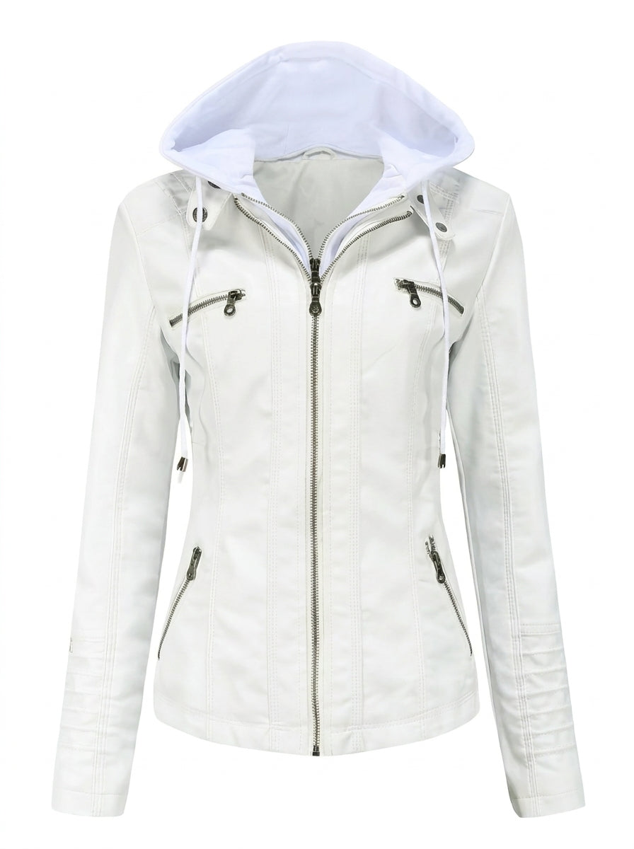 Kirsteen faux leather hooded biker jacket in white, front view