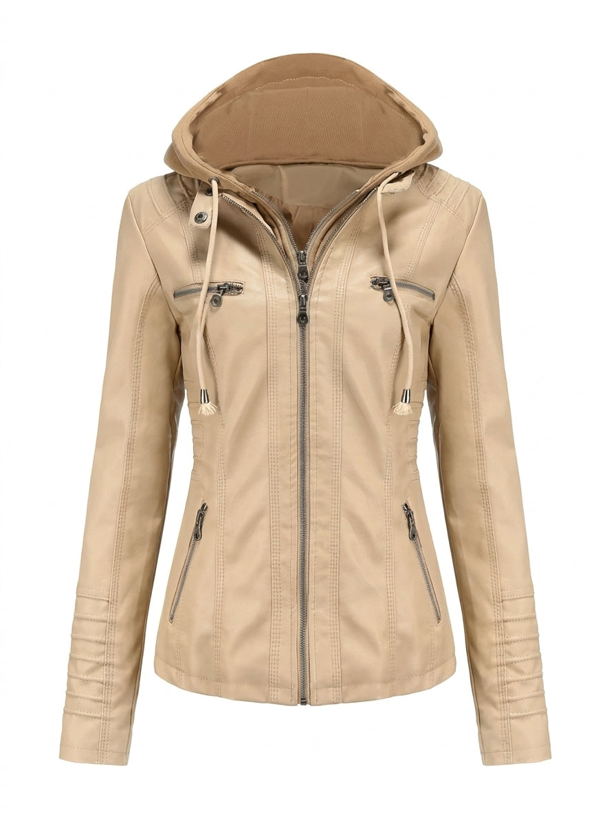 Ishbel faux leather hooded biker jacket in khaki, front view