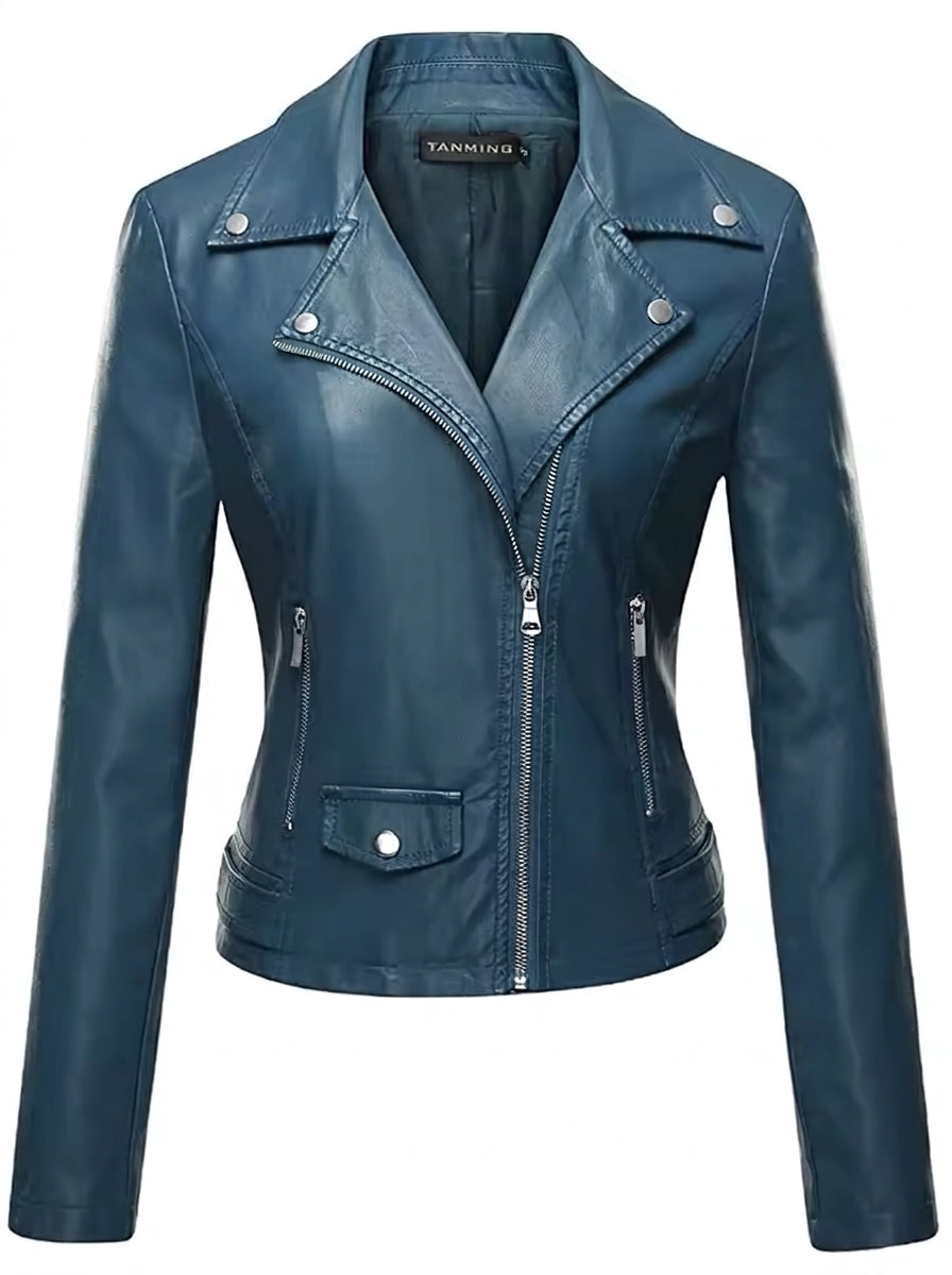 Euna faux leather biker jacket in navy, front flat view