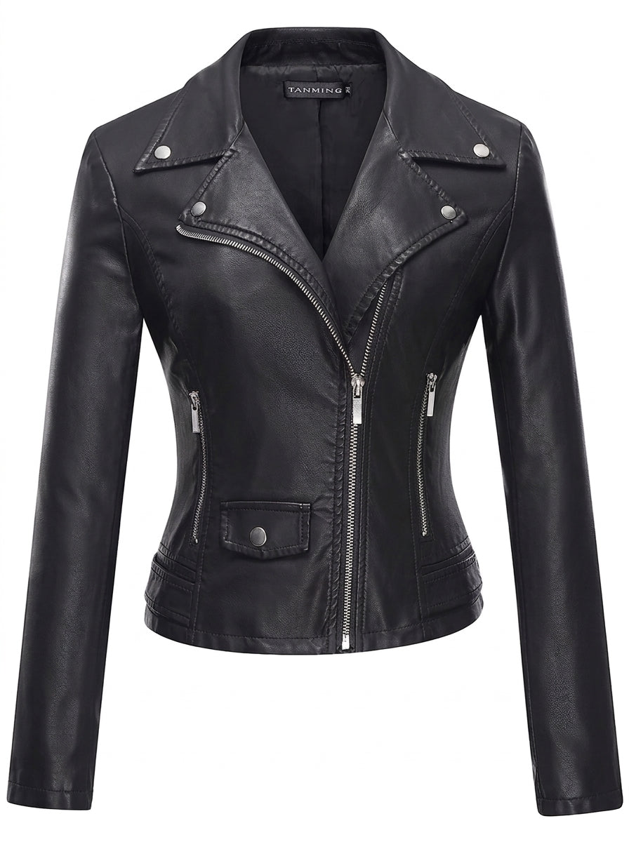 Vaila faux leather biker jacket in black, front flat view