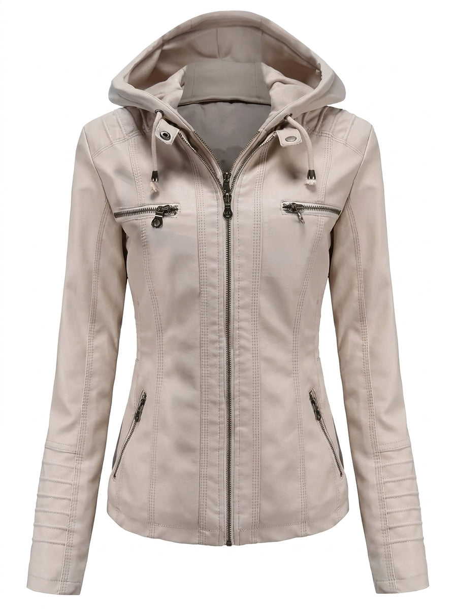Mhairi faux leather hooded biker jacket in ivory, front view
