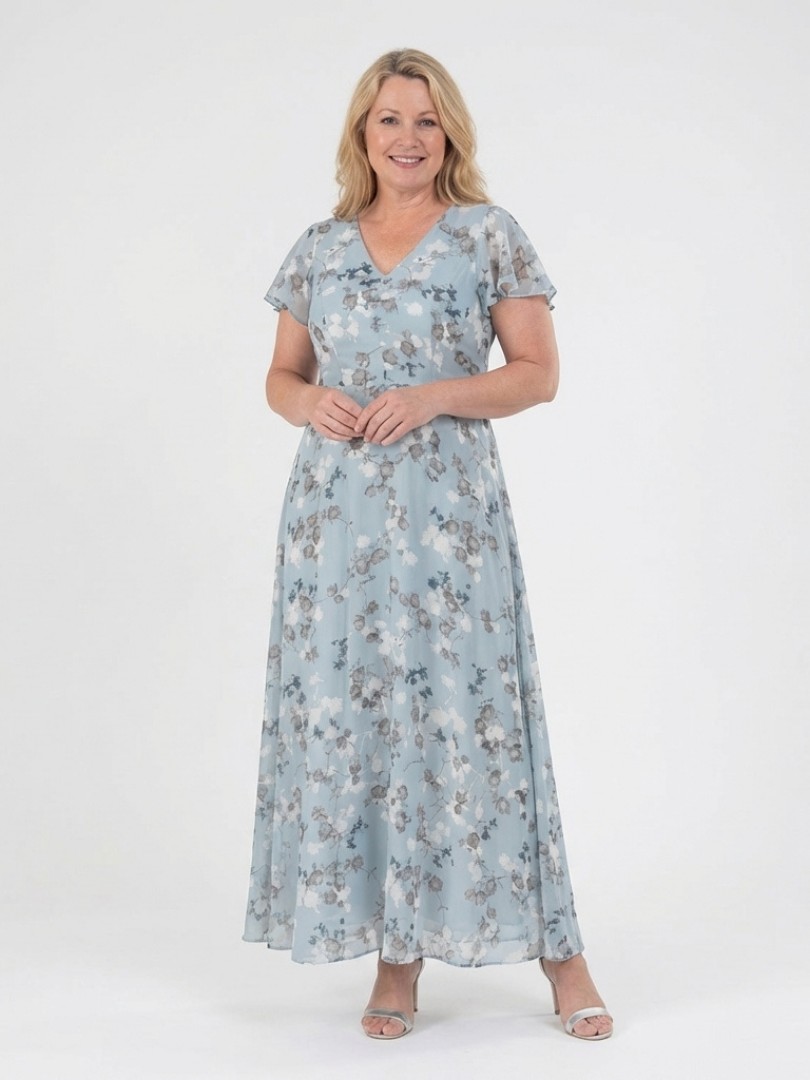 Imelda floral chiffon maxi dress in sky blue, front view on a second model
