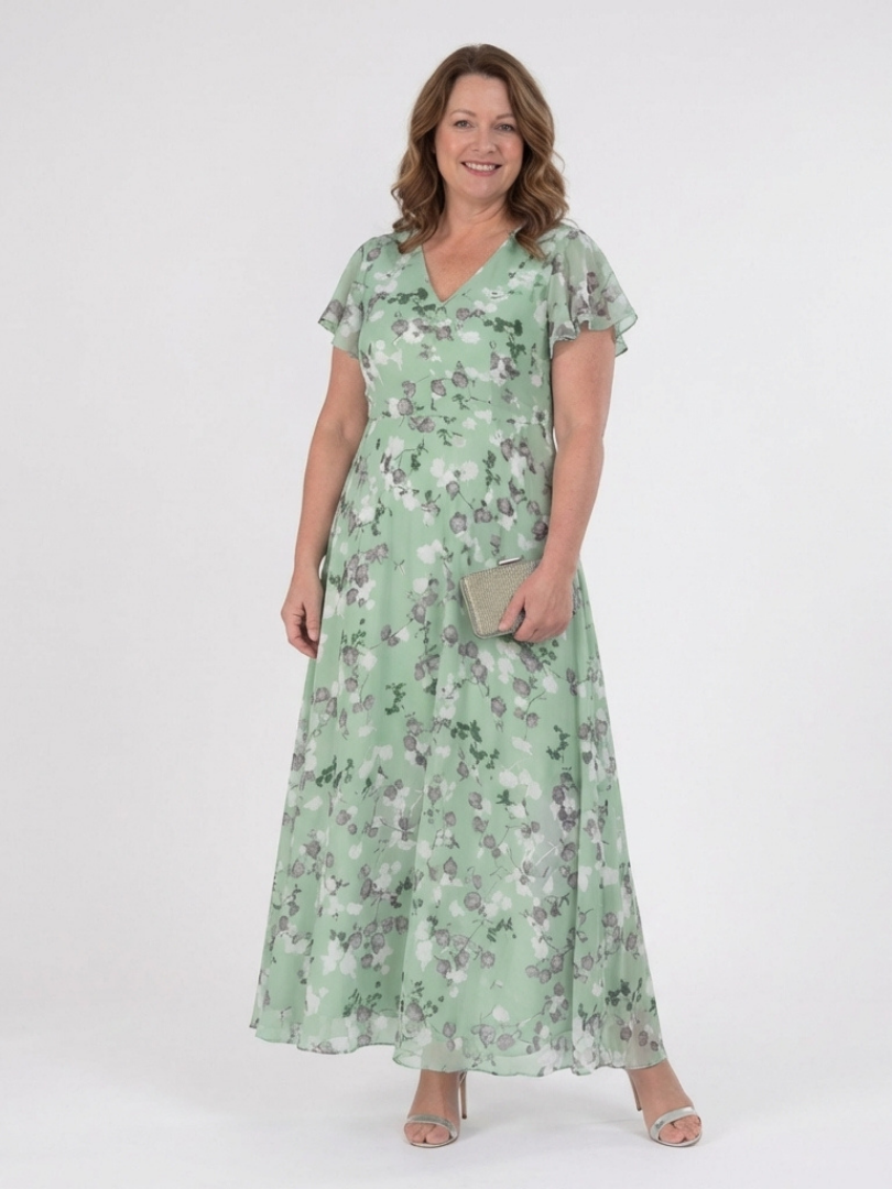 Imelda floral chiffon maxi dress in green, full-length front view