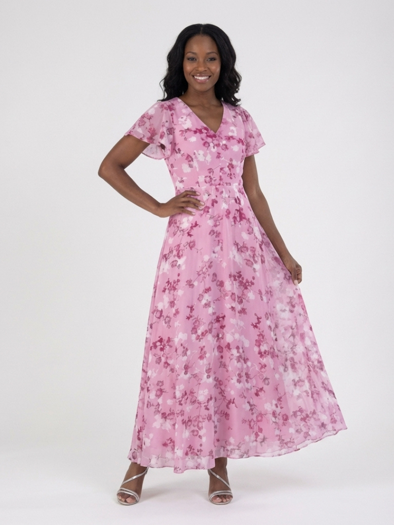 Imelda floral chiffon maxi dress in pink, full-length front view
