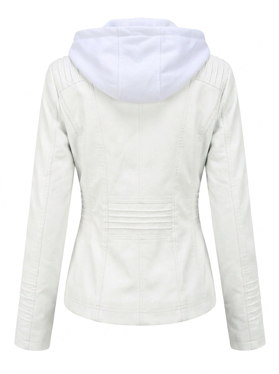 Kirsteen faux leather hooded biker jacket in white, back view