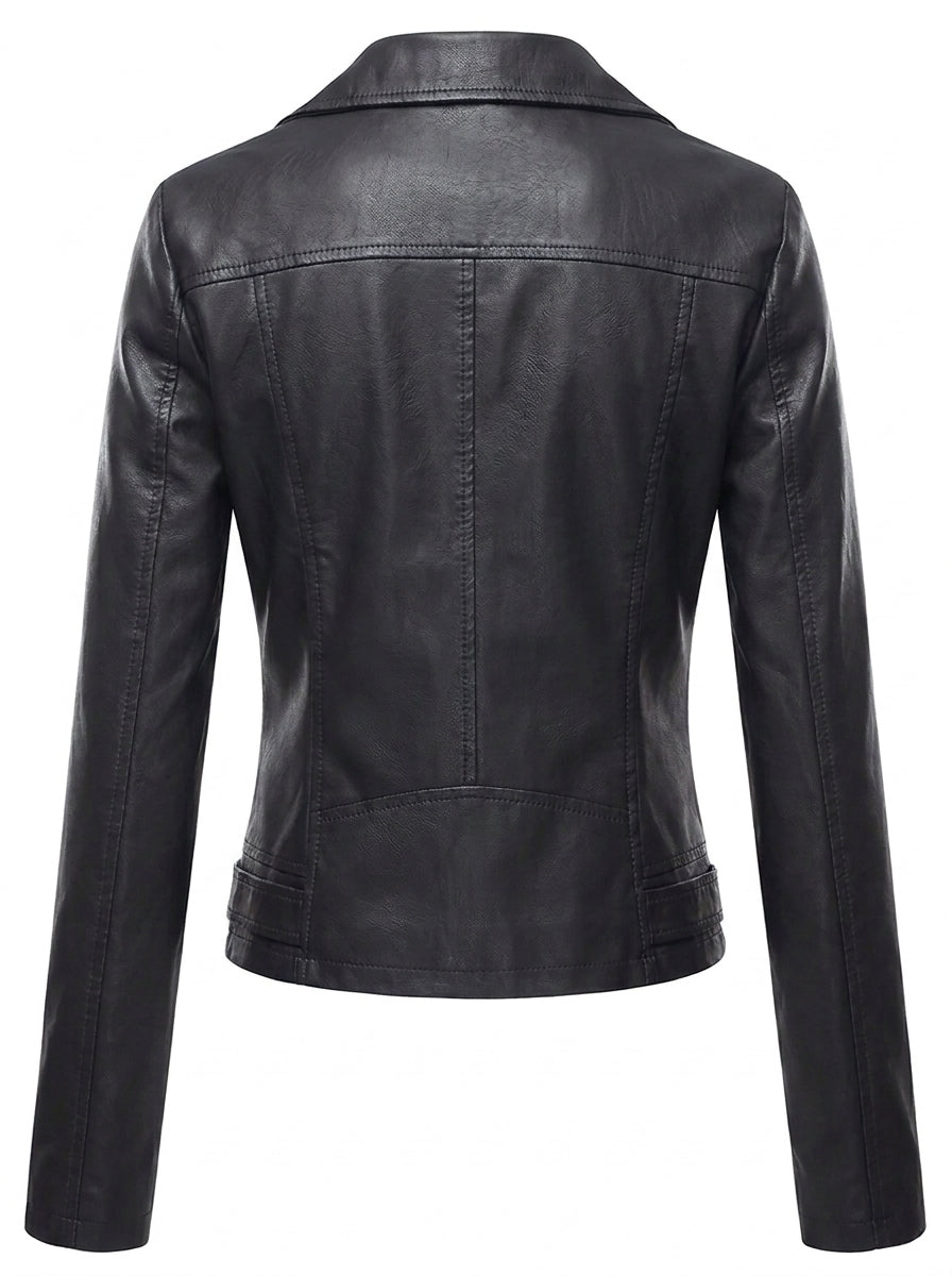 Vaila faux leather biker jacket in black, back view