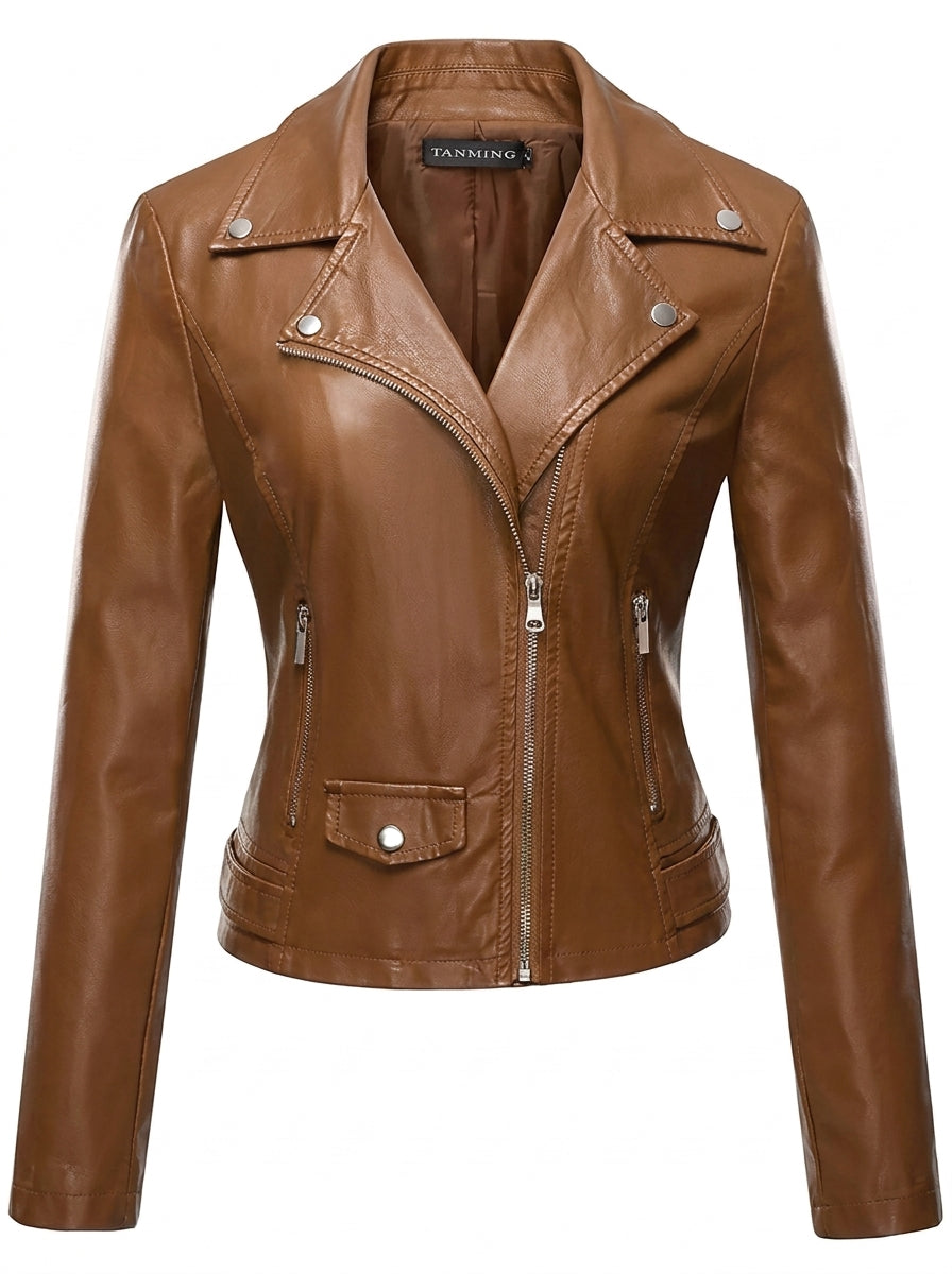 Seonaid faux leather biker jacket in light brown, front flat view