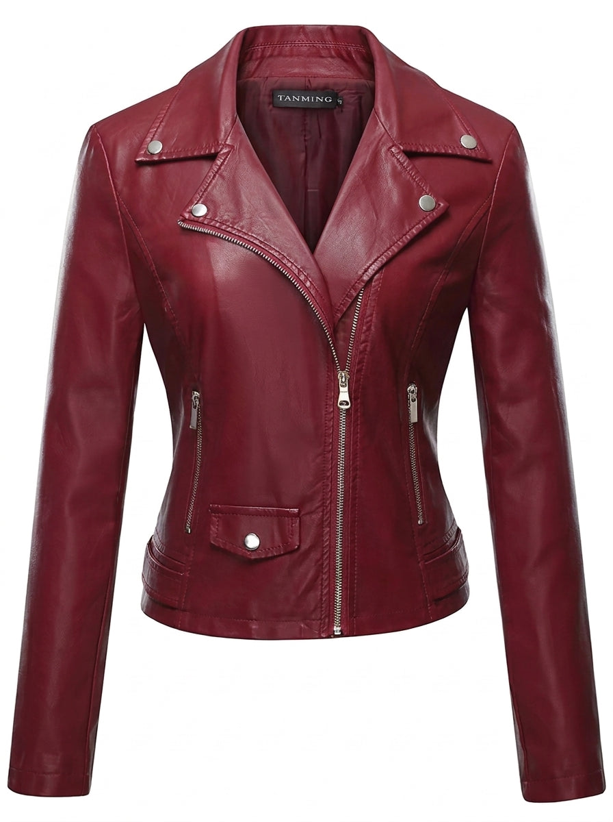 Sheena faux leather biker jacket in burgundy, front flat view