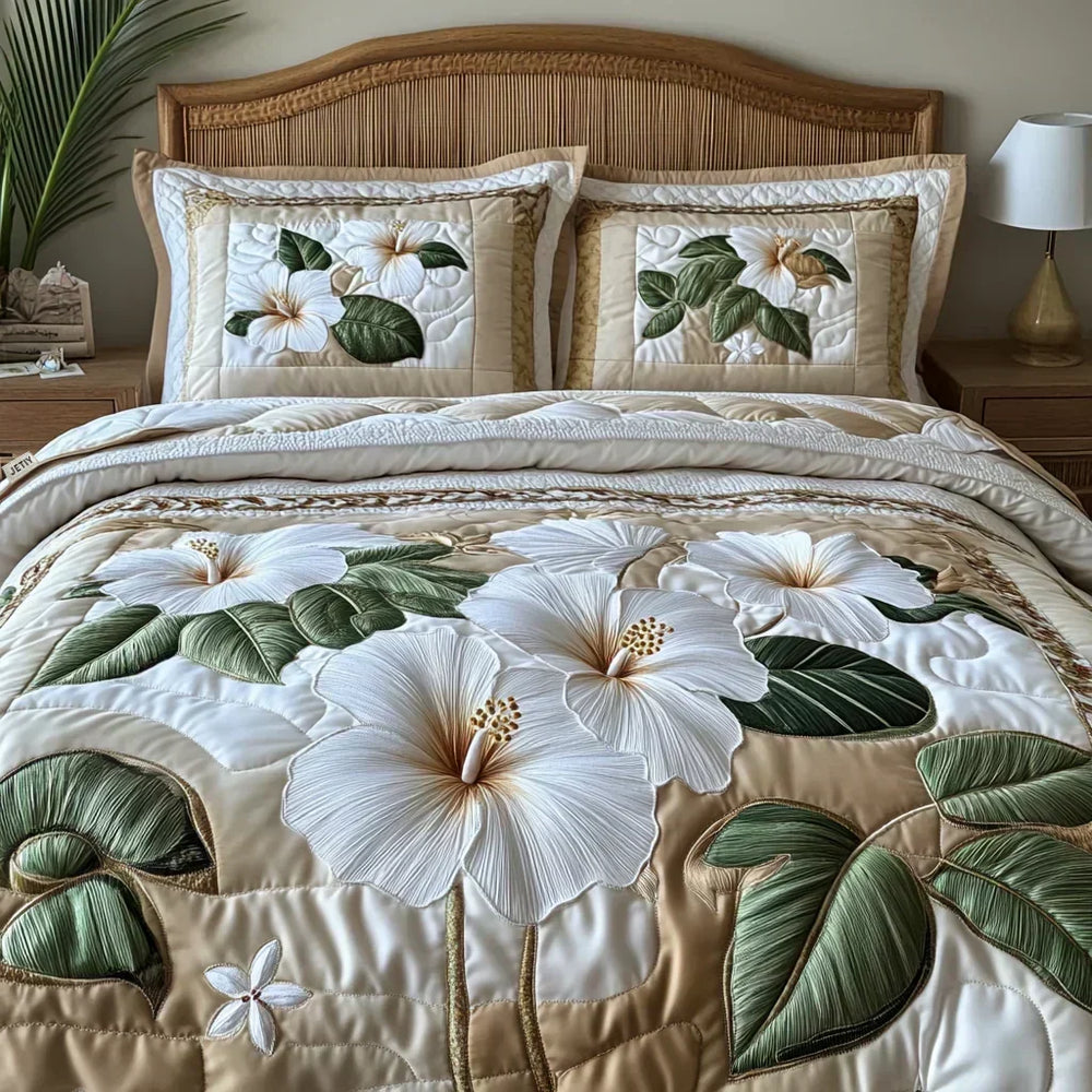 3-Piece Quilted Bedding Set – White Hibiscus